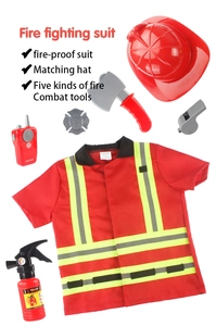 Flat lay of 7-piece kids firefighter costume set with jacket and red plastic toy tools