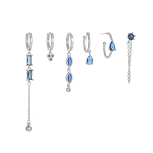 Detailed set of 6 silver earrings with blue zircon stones and dangling chain fringe