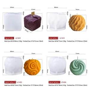 Detailed views of spiral geometric silicone molds with finished candle dimensions