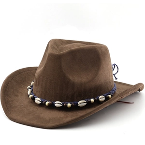 Western Cowboy Hat Suede Seashell Wood Bead Ethnic Band Retro Wide Brim Outdoor For Men Women