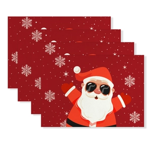 Set of 4 red Christmas placemats featuring cartoon Santa Claus with snowflake patterns