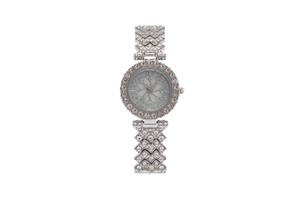 Detail of silver ladies quartz watch with floral mother-of-pearl dial and rhinestones