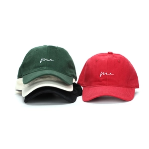 Classic cotton canvas baseball caps with me embroidery in green, red, cream, and black