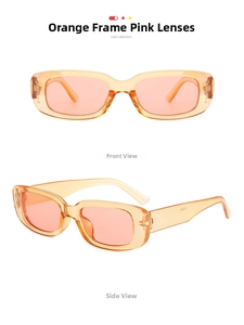Orange frame sunglasses with pink lenses, showing front and side 45-degree views