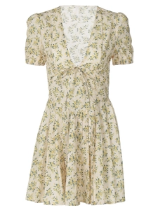 Robe courte fleurie style français à col en V beige avec imprimé jaune et détail noué