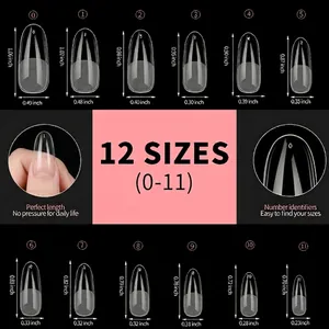 Size chart for 550pcs oval fake nail tips with 12 sizes ranging from 0 to 11 in inches
