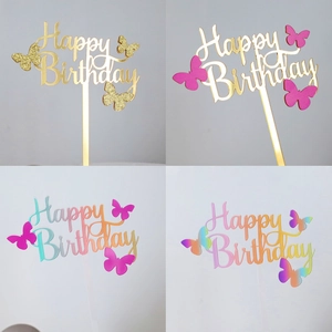 Happy Birthday Cake Topper Acrylic Butterfly Decoration For Birthday Party Mirror Gold Gradient Colorful Dessert Accessory