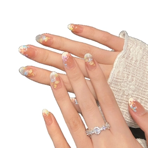Faux ongles peinture florale avec fleurs macaron et dégradé pailleté argenté