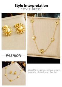 Detail of star, moon and sun charms on gold-plated stainless steel necklace and earrings