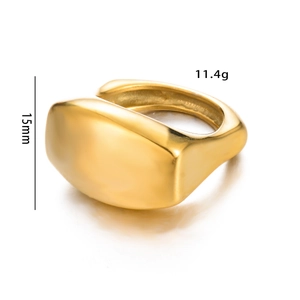 Detailed view of gold wide band ring showing 15mm width and 11.4g weight specifications