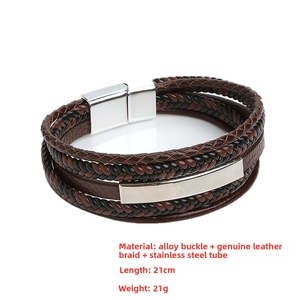 Detail of multi-layer braided leather bracelet for men with silver magnetic steel clasp