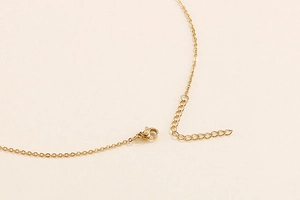 Detailed close-up of golden stainless steel necklace lobster clasp and extender chain