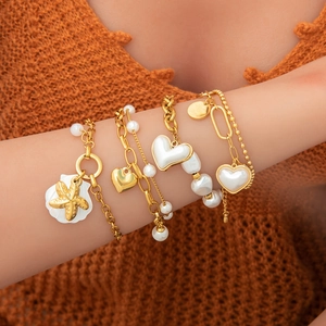 Bracelet à Couches en Acier Inoxydable Plaqué Or 18K Avec Charmes Coquillage Cœur Perle Bijoux Mode Thème Océan Femme