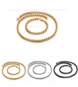 Detail view of 6mm stainless steel box chain with 18K gold plating and dimension markings