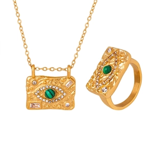 Vintage Evil Eye Jewelry Set Gold Titanium Steel Rectangular Pendant Necklace Zirconia Ring For Women Luxury Accessories