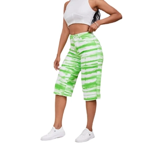 Women's casual green and white tie-dye striped mid-length shorts with slim fit design