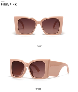 Front and 45-degree side views of pink oversized sunglasses with high-gloss frames