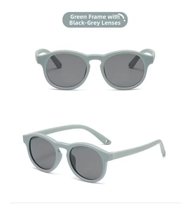 Polarized retro round baby sunglasses with light green matte frame and dark grey lenses