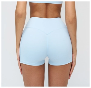 Macro shot of Sky Blue high waisted yoga shorts with V-shaped seam for lifting effect