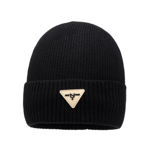Thick black ribbed knit beanie for men and women with a triangle patch detail