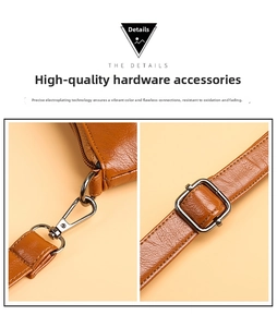 Close-up of premium anti-rust hardware on brown leather bag with hooks and buckles
