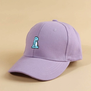Close-up of purple cotton baseball cap featuring blue dinosaur cartoon embroidery
