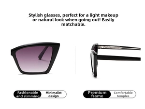 Detailed view of square black acetate sunglasses with purple gradient lenses and anti-slip temples