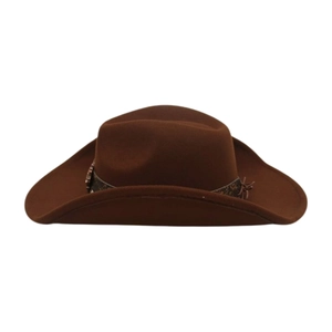 Detailed view of brown felt cowboy hat with textured band and metal rivet accents