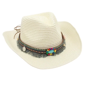 Western straw cowboy hat featuring ethnic style beaded band and turquoise stone decor