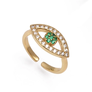 Bague œil de protection ajustable dorée avec zircons cubiques verts et blancs micro-sertis