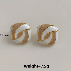 Detail view of 18mm square enamel earrings showing 7.5g weight and gold spiral patterns