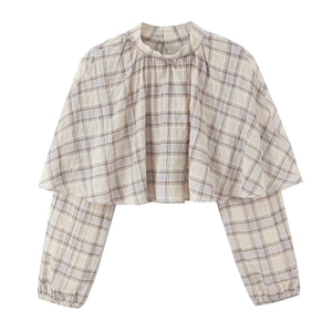 Plaid Lantern Sleeve Cropped Top Women High Neck Polyester Layered Back Pullover Blouse