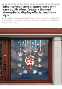 Detail of festive Christmas window stickers with snowman, snowflakes and hanging baubles