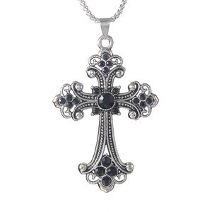 Hip hop style silver stainless steel cross pendant necklace with black gemstones
