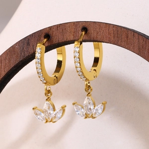 18K PVD gold plated clover earring with marquise cubic zirconia on wood stand
