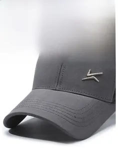 Detailed view of the dark grey baseball cap featuring DLAYUN embroidery and sturdy brim