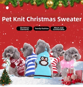 Detailed knit patterns of festive Christmas pet sweaters for small dogs and cats