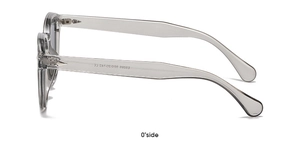 Vue latérale détaillée de lunettes de soleil rondes grises translucides avec charnière
