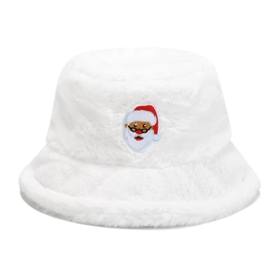 Cappello da pescatore invernale in peluche bianco con ricamo di Babbo Natale