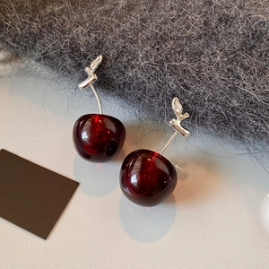 Fashionable deep red resin cherry earrings with silver leaf detail for women