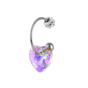 Polished stainless steel navel ring featuring a heart-shaped AB aurora crystal pendant