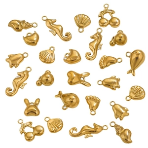 Collection of golden stainless steel ocean charms including seahorse and shell shapes