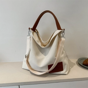 Large Capacity Canvas Tote Bag Contrast PU Leather Handles Women Shoulder Crossbody Bag Casual Handbag Niche Fashion