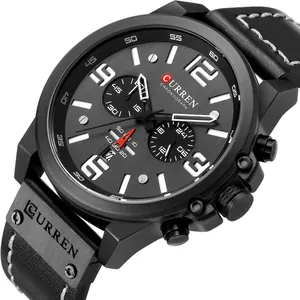 Black leather strap chronograph watch with dark gray dial and functional sub-dials