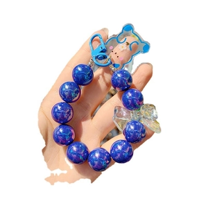 Cute blue beaded keychain with bow and bear charms for car keys and phone bags