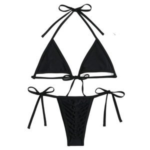 Black two-piece bikini set with lace-up triangle top and woven cutout thong bottoms