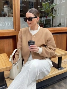 Women's Y2K style camel wool cropped biker jacket with stand collar and double pockets