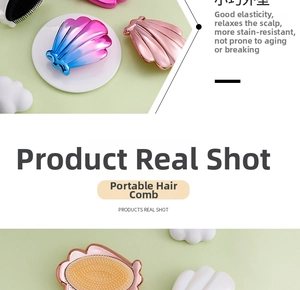 Macro view of shell-shaped detangling hair brush showing TPE bristles and gradient finish