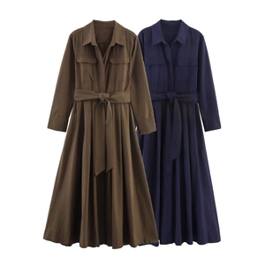 Elegant Solid Color Polyester Poplin Shirt Maxi Dress For Women Long Sleeve Button Up Belted A-Line Professional Casual