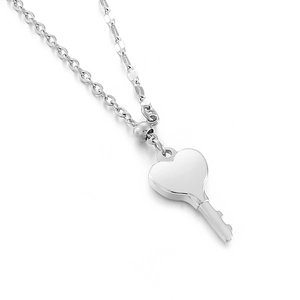 Elegant silver stainless steel heart key pendant necklace for women on white background
